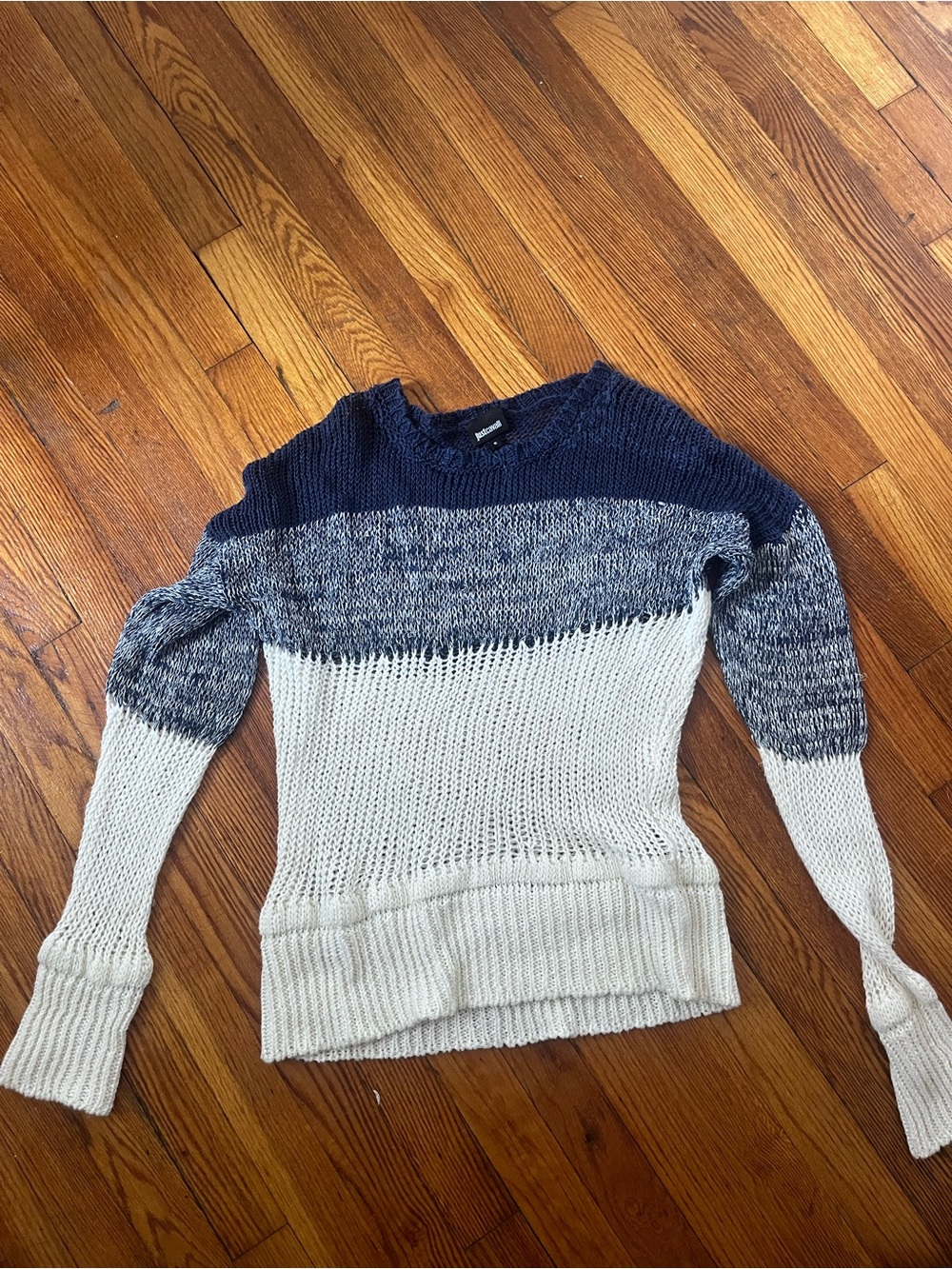 Just Cavalli Linen Blend Navy & Cream Open-Knit Crewneck Sweater